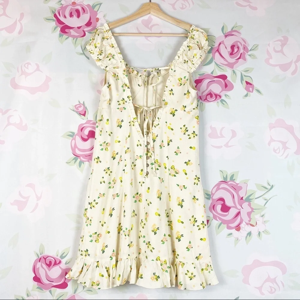 NEW Free People Like A Lady Butter Yellow Ruffle Floral Mini Dress M